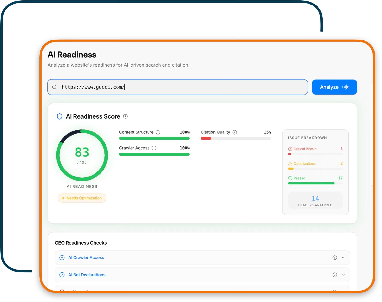 GeoPro AI Readiness scan screen showing a readiness score, content structure and citation quality bars, and an issue breakdown