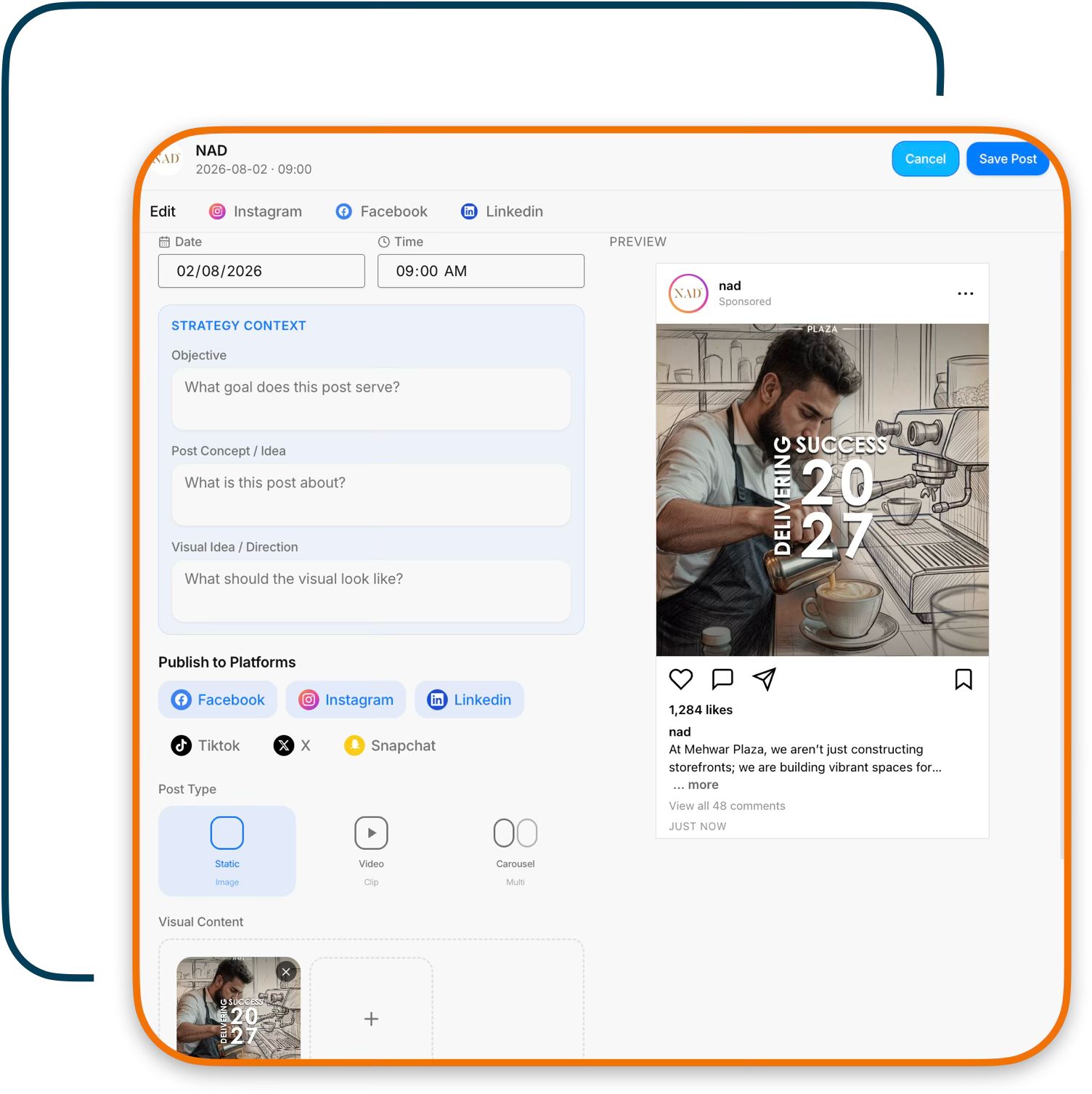 SM Planner post composer screen showing strategy fields, platform selection, post type, and a live Instagram preview