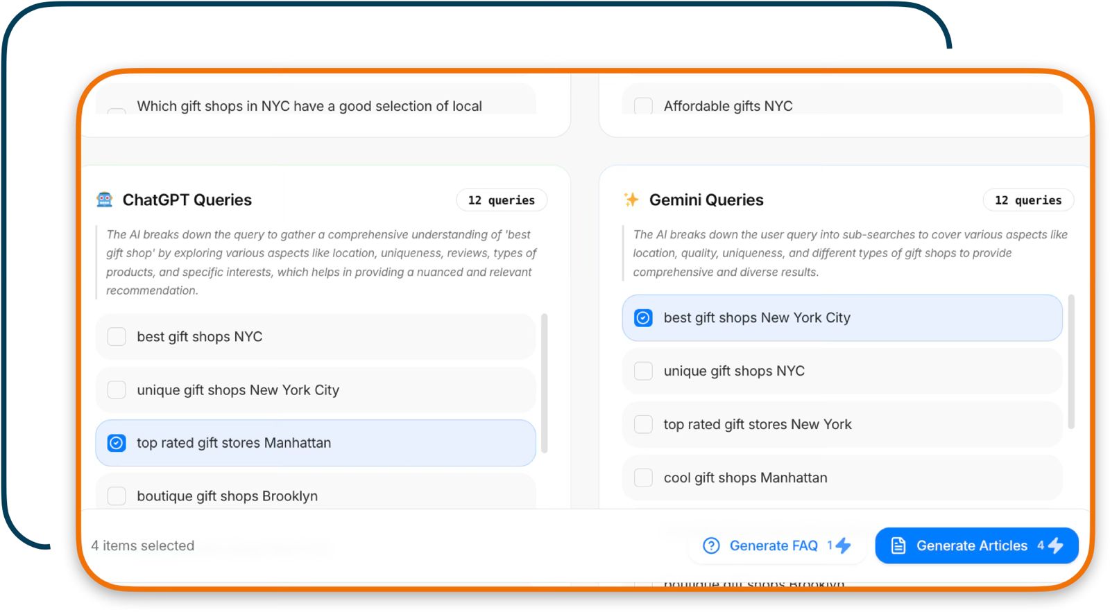 GeoPro Smart Genius screen showing ChatGPT and Gemini query breakdowns with checkboxes and Generate FAQ and Generate Articles buttons