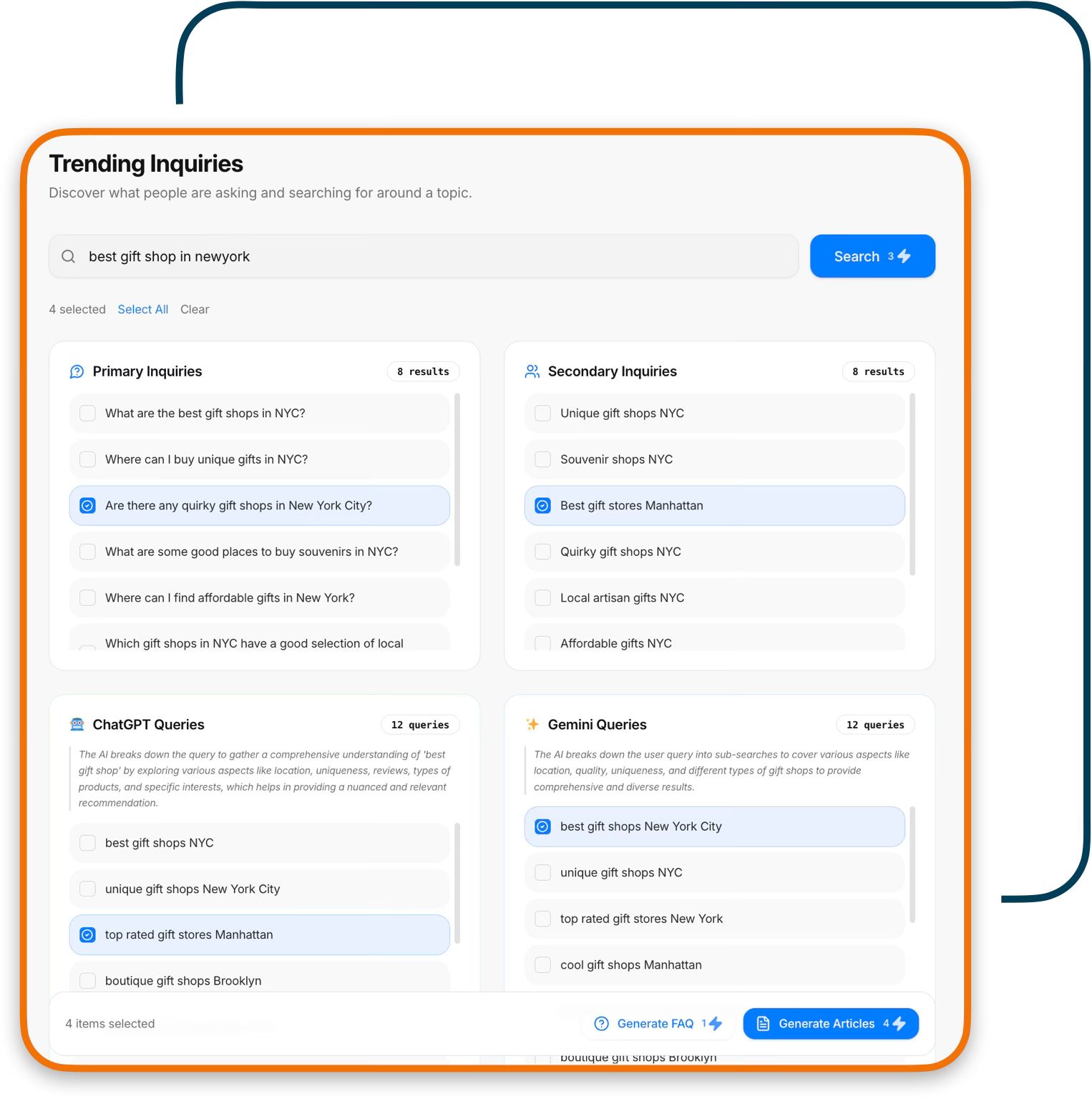 GeoPro Trending Inquiries screen showing primary and secondary search inquiries plus ChatGPT and Gemini query breakdowns for a topic
