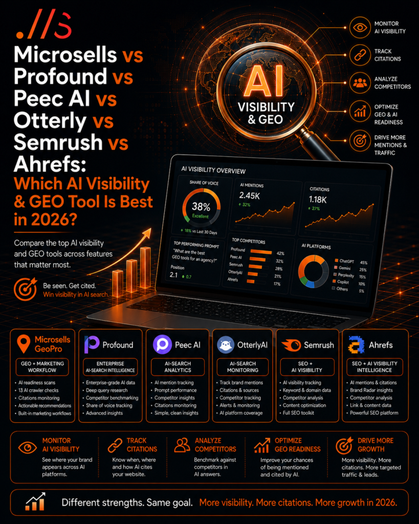 Microsells vs Profound vs Peec AI vs Otterly vs Semrush vs Ahrefs: Which AI Visibility & GEO Tool Is Best in 2026?